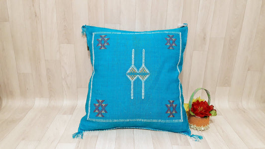 Cactus Silk Cushion Cover - Turquoise Sabra Pillow - Handmade Morocco Cushion
