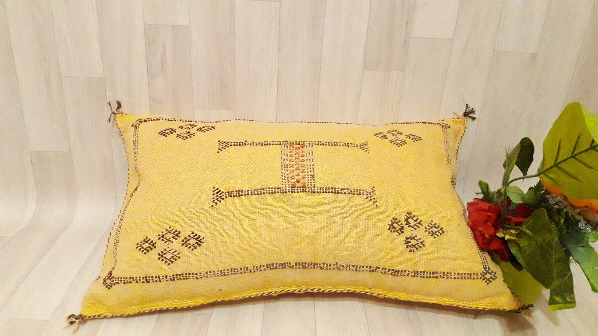 Cactus Silk Cushion Cover - Yellow Sabra Pillow - Handmade Morocco Cushion