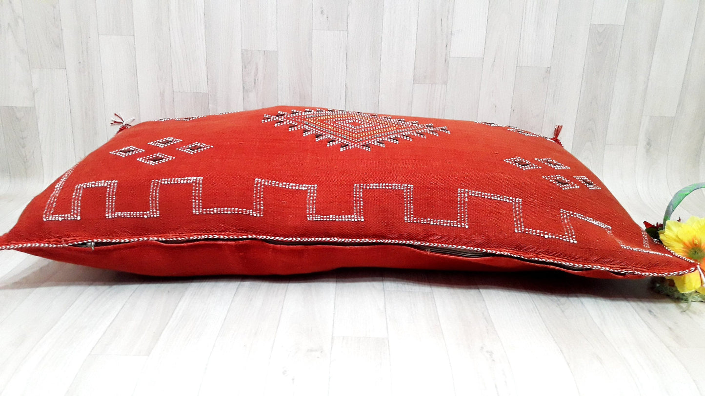 Lumbar Cactus Silk Cushion Cover - Orange/Red Sabra Pillow - Handmade Morocco Cushion