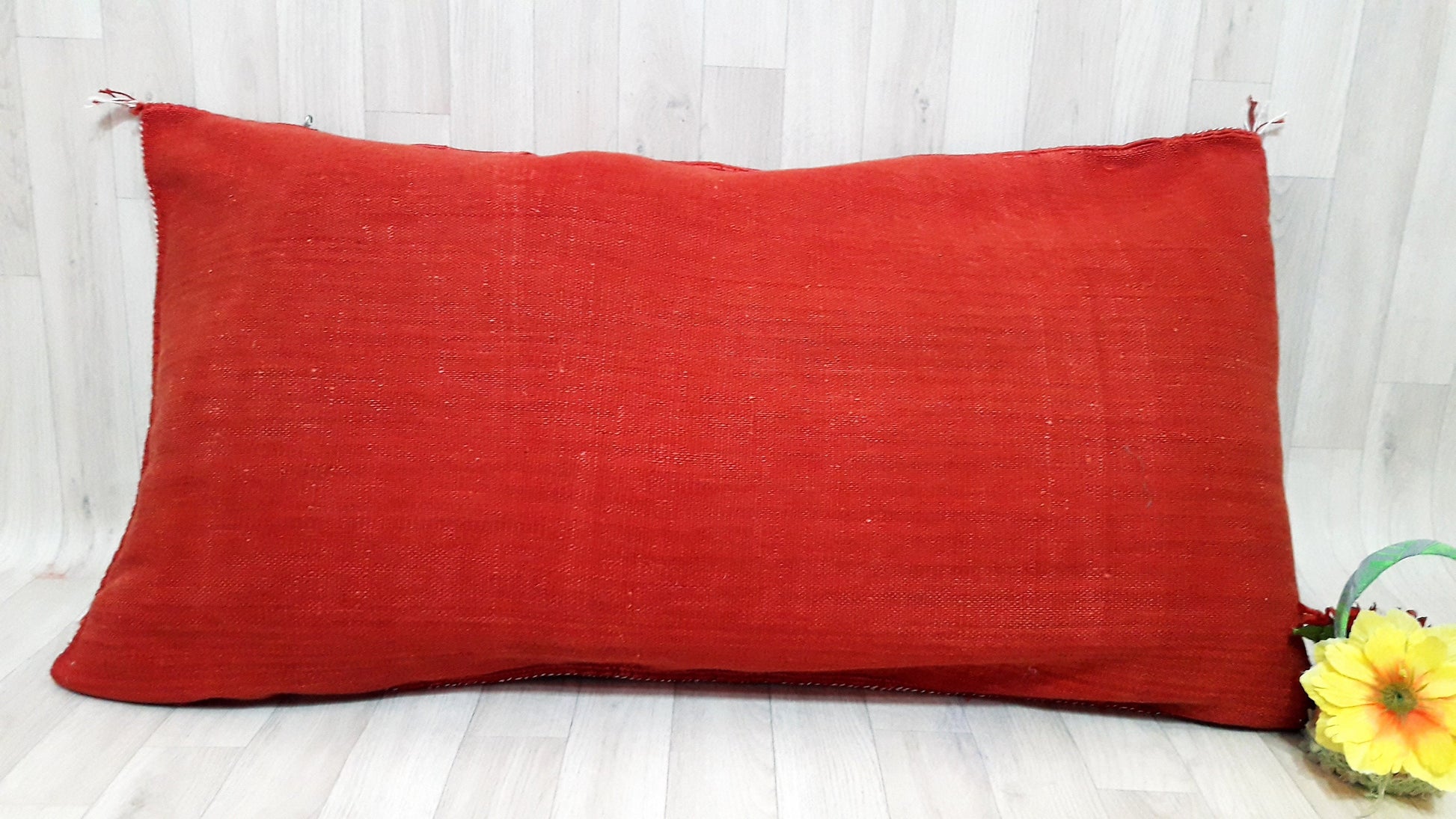 Lumbar Cactus Silk Cushion Cover - Orange/Red Sabra Pillow - Handmade Morocco Cushion