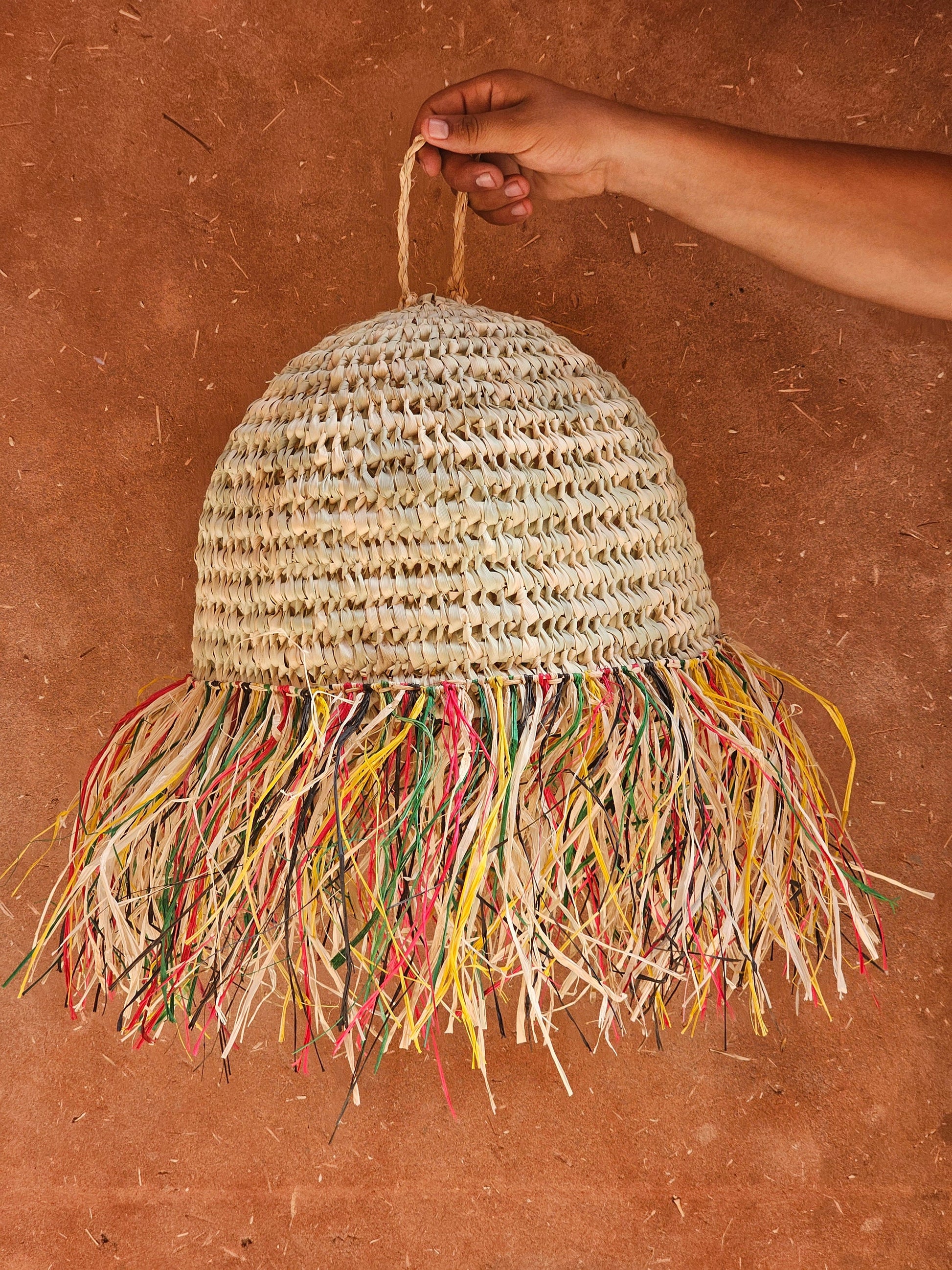 Straw Ball Pendant Light with Raffia Multicolor Fringes , Moroccan Straw Lampshade