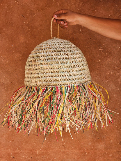 Straw Ball Pendant Light with Raffia Multicolor Fringes , Moroccan Straw Lampshade