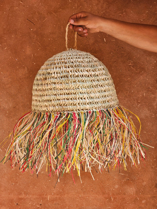 Straw Ball Pendant Light with Raffia Multicolor Fringes , Moroccan Straw Lampshade