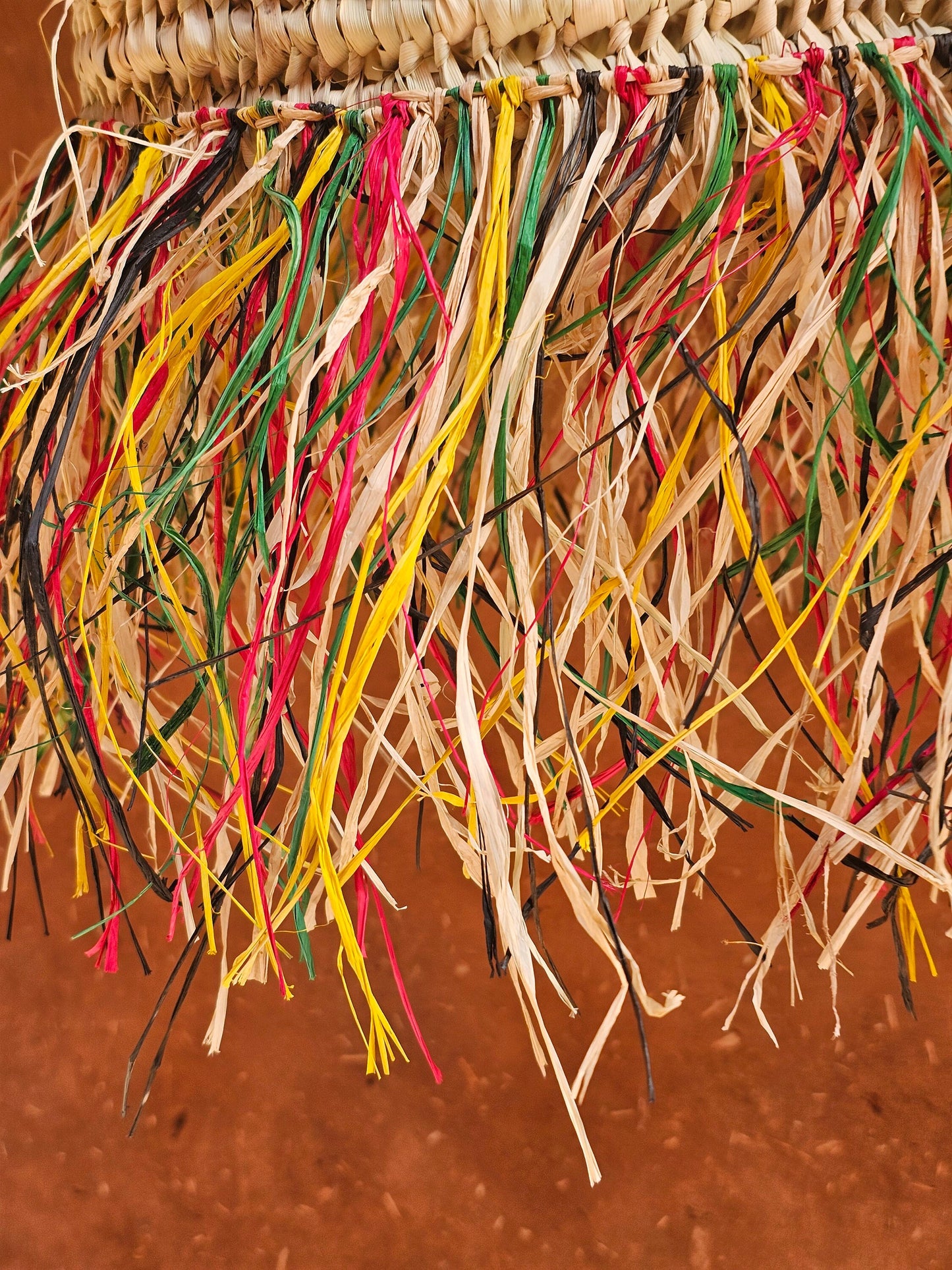 Straw Ball Pendant Light with Raffia Multicolor Fringes , Moroccan Straw Lampshade