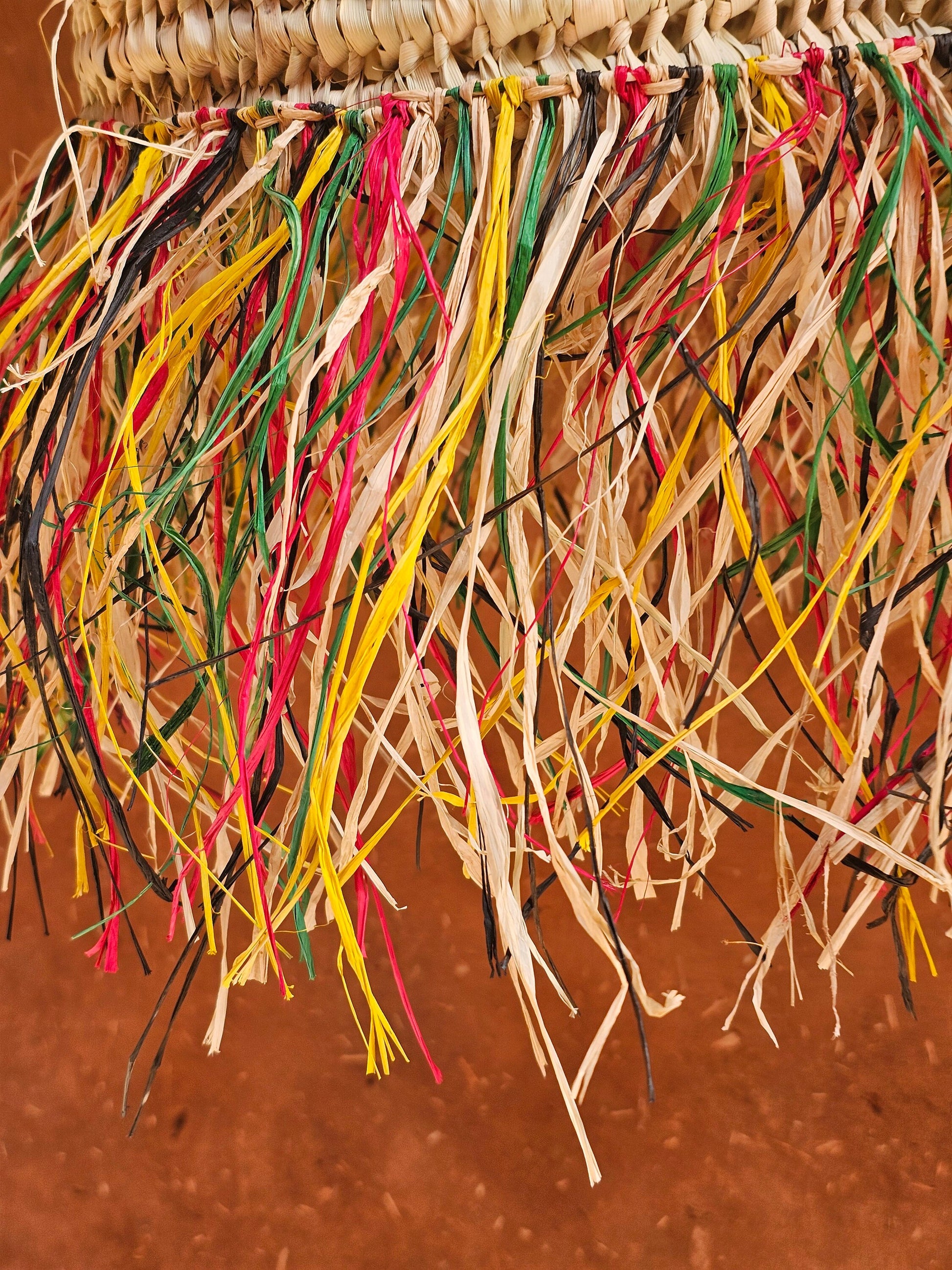 Straw Ball Pendant Light with Raffia Multicolor Fringes , Moroccan Straw Lampshade
