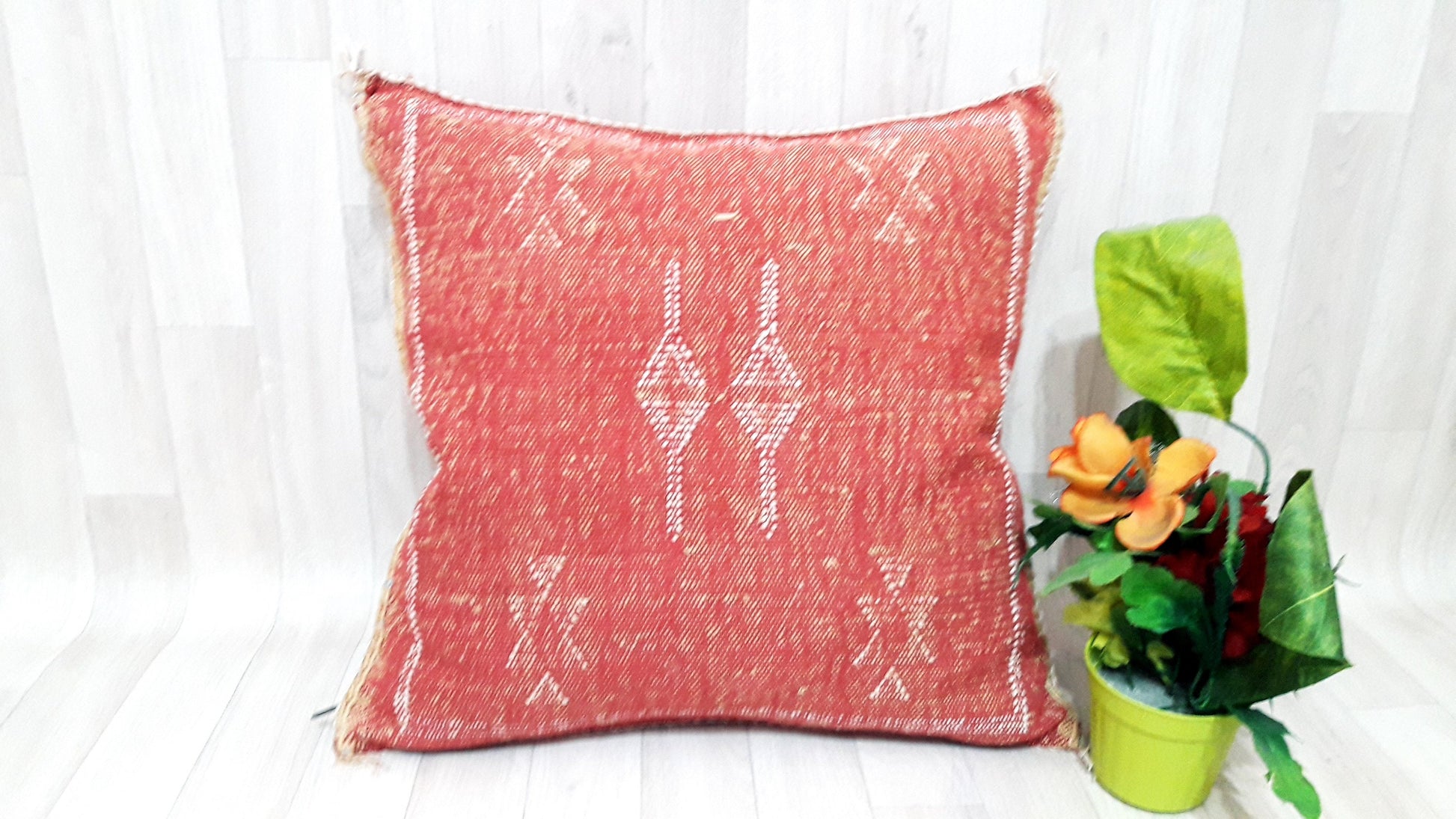 Orange Cactus Silk Pillow Cover, Moroccan Boho Throw Pillow , Hand Woven Berber Pillow, Sabra Cactus Silk Cushion,Home Decor