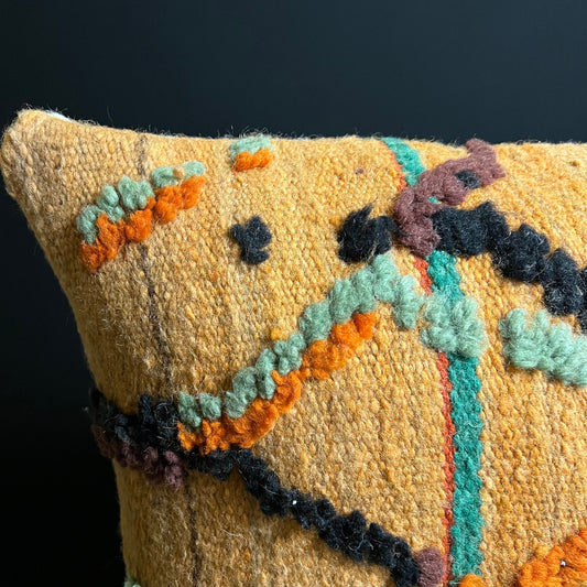 Vintage Moroccan Pillow, Handmade Cushions, Natural Wool Pillow, Orange Pillow,