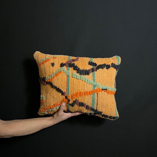 Vintage Moroccan Pillow, Handmade Cushions, Natural Wool Pillow, Orange Pillow,