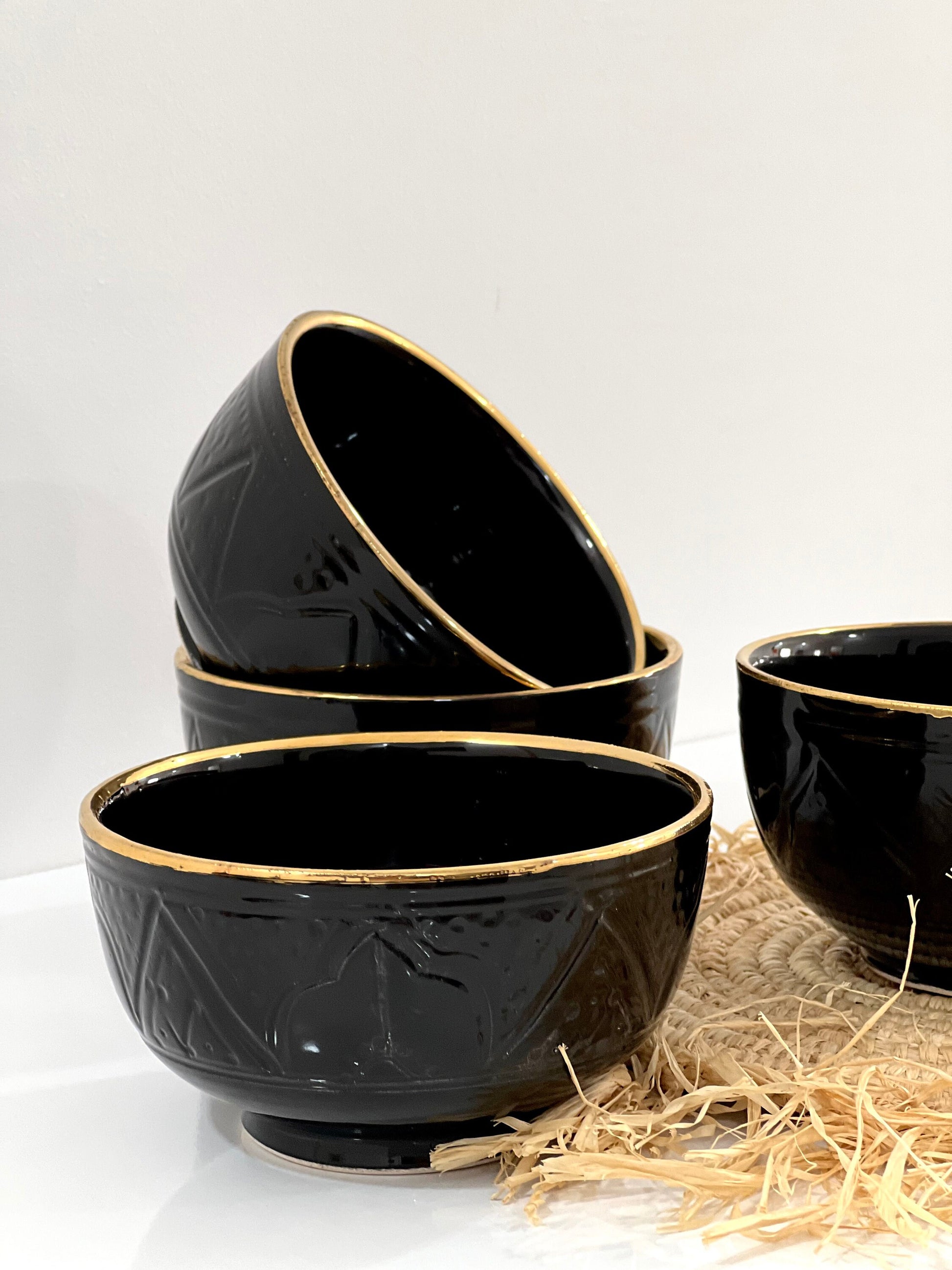 Set of 4 Handmade Ceramic Bowls with 14K Gold Edges - Moroccan Style Black Bowls.