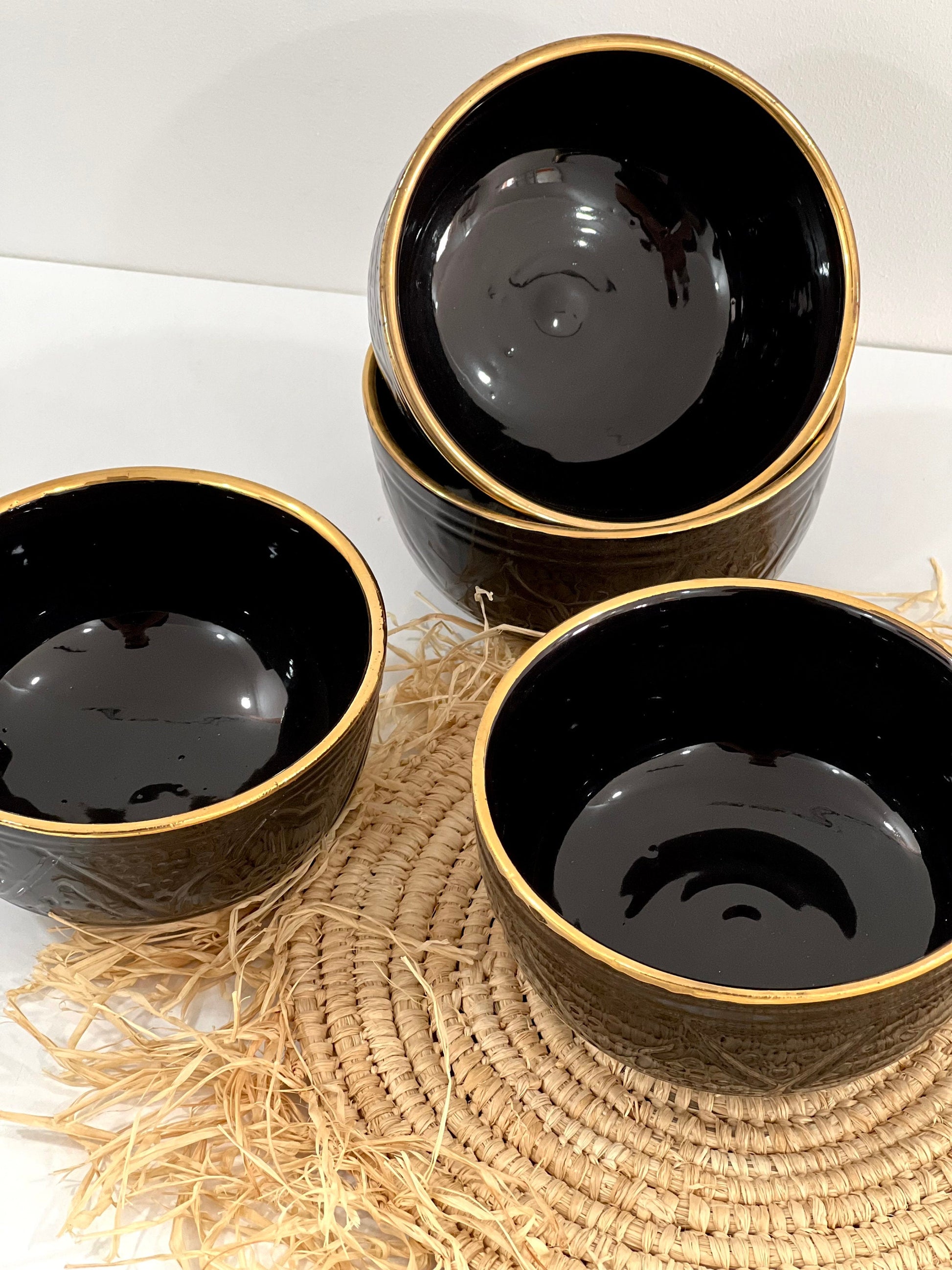 Set of 4 Handmade Ceramic Bowls with 14K Gold Edges - Moroccan Style Black Bowls.
