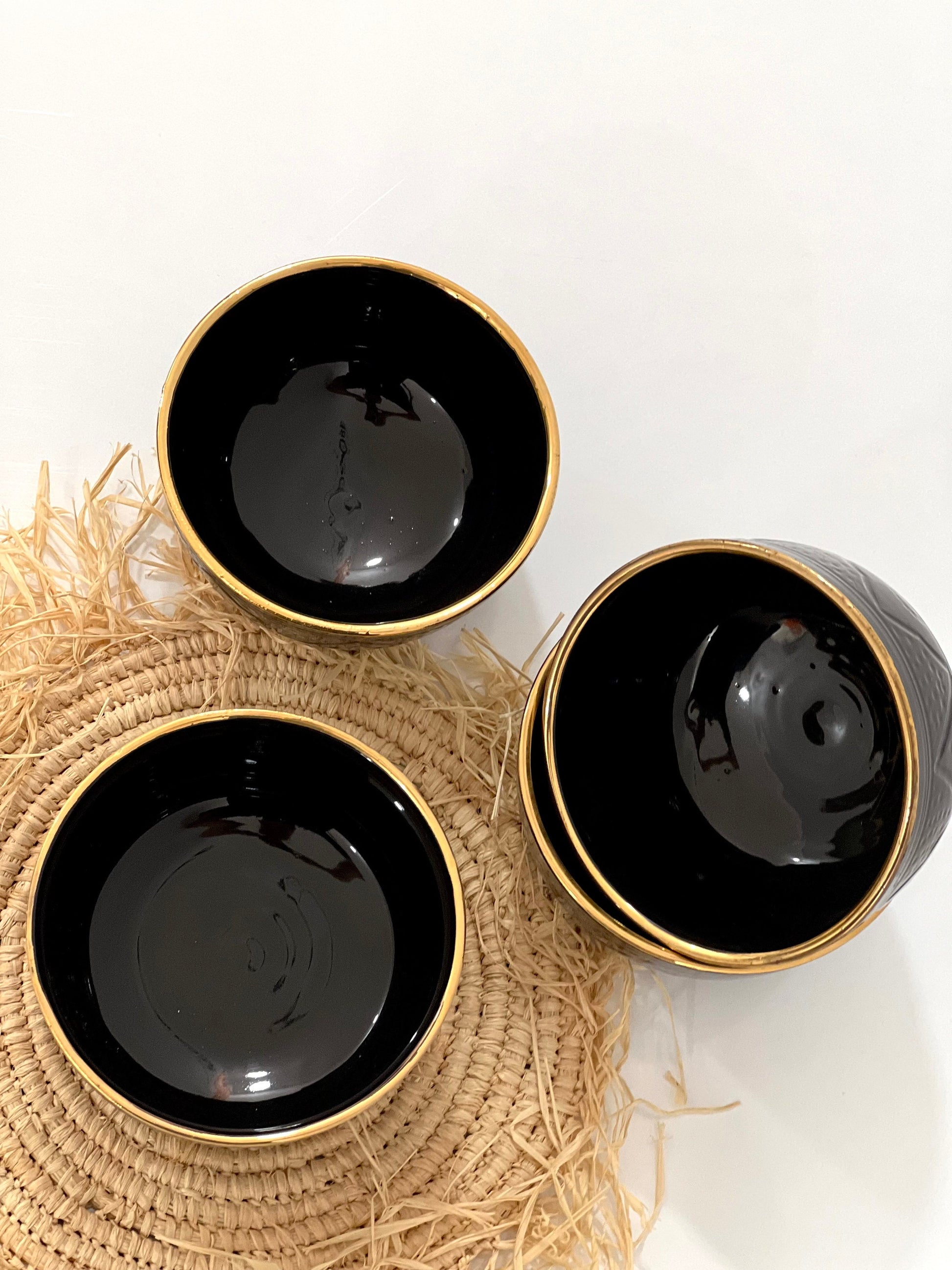 Set of 4 Handmade Ceramic Bowls with 14K Gold Edges - Moroccan Style Black Bowls.