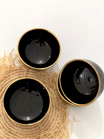 Set of 4 Handmade Ceramic Bowls with 14K Gold Edges - Moroccan Style Black Bowls.