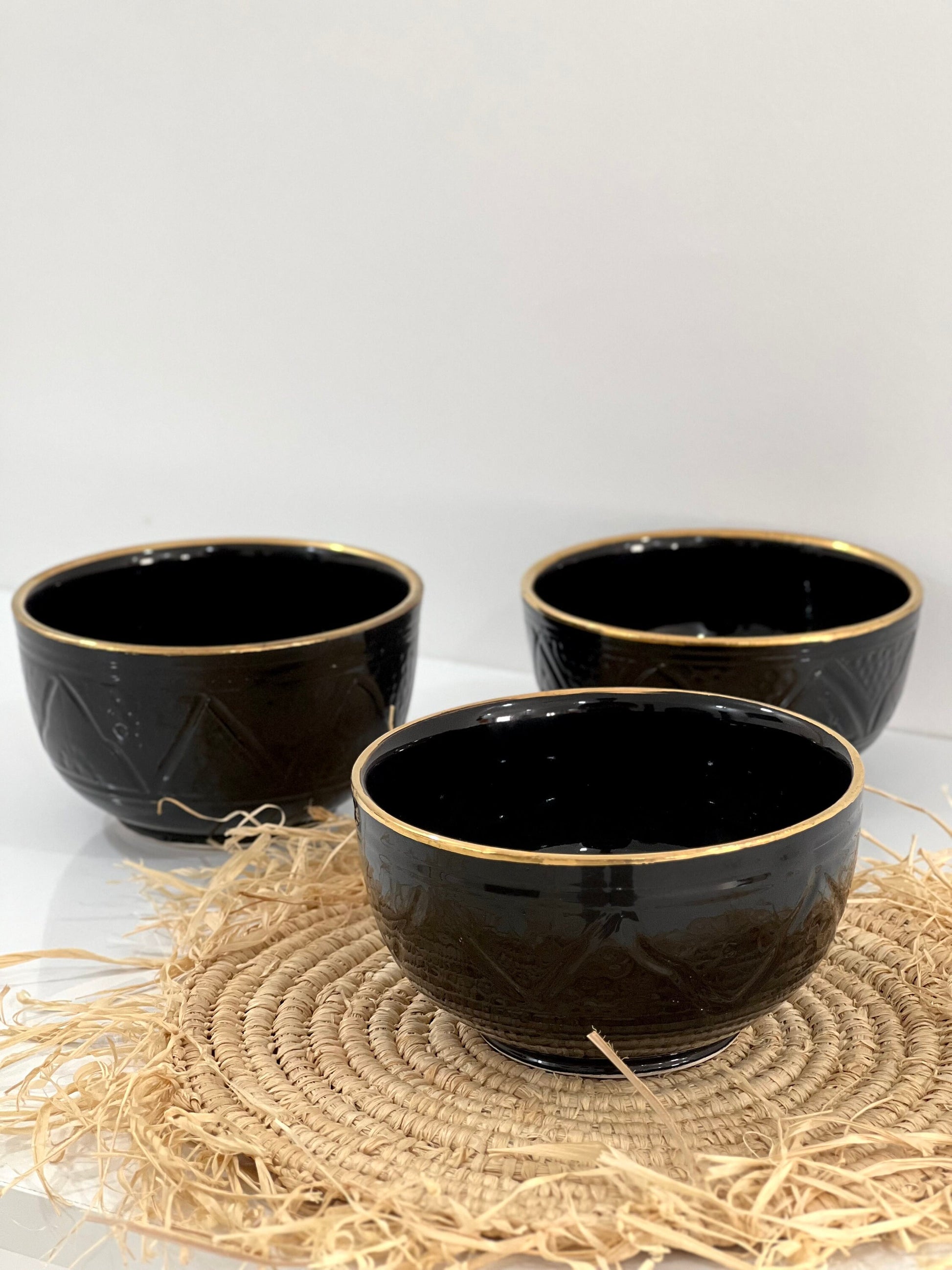 Set of 4 Handmade Ceramic Bowls with 14K Gold Edges - Moroccan Style Black Bowls.