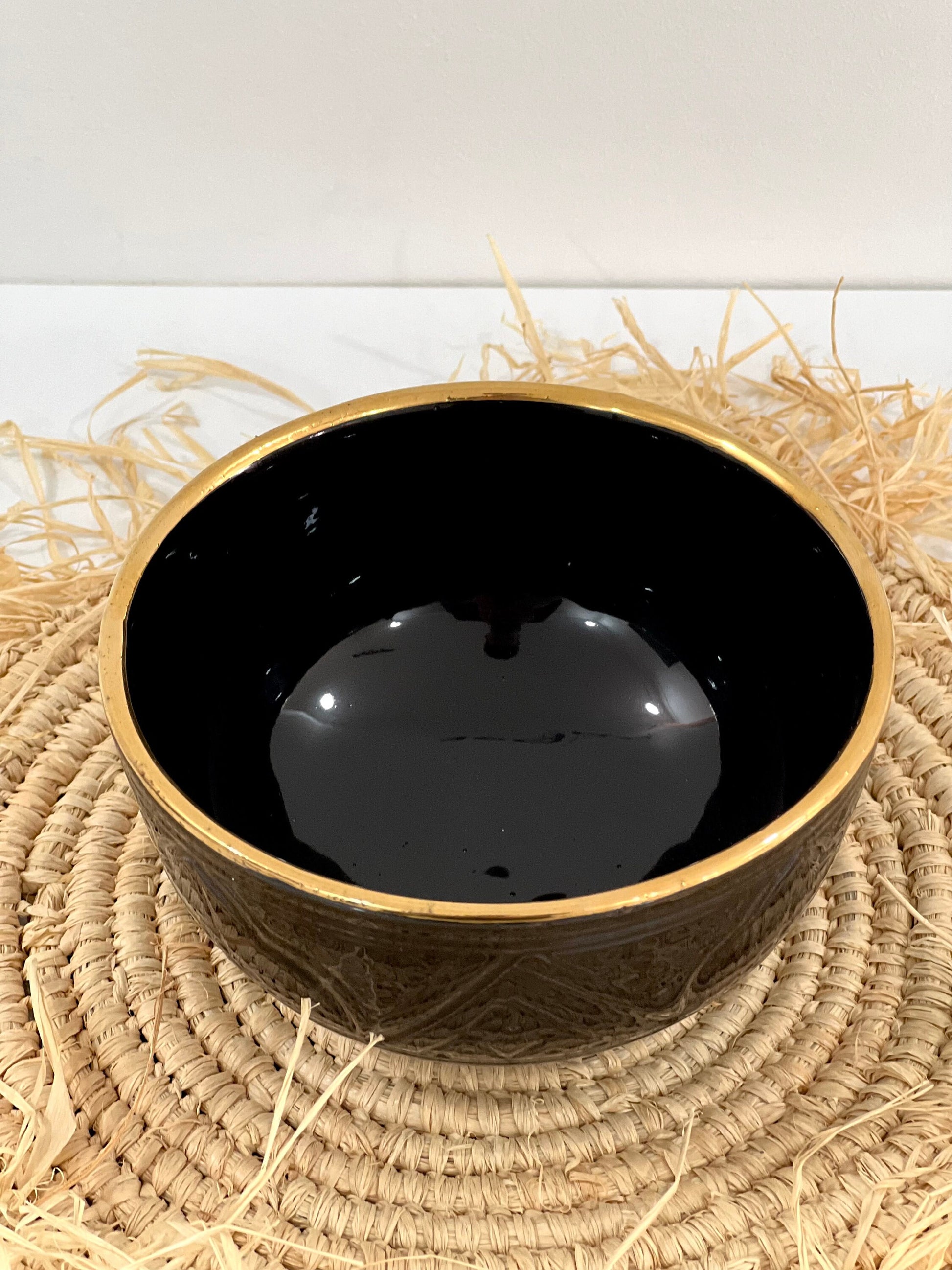 Set of 4 Handmade Ceramic Bowls with 14K Gold Edges - Moroccan Style Black Bowls.