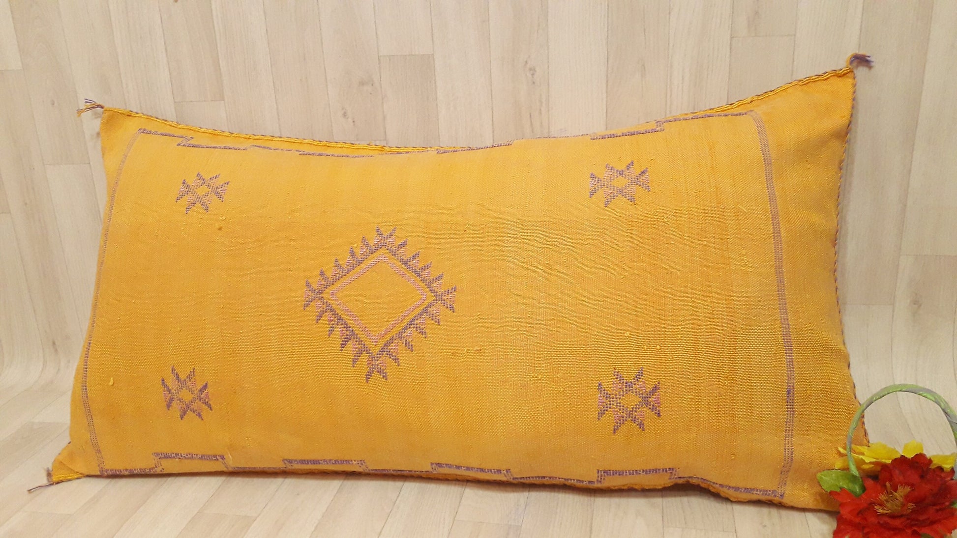 Cactus Silk Cushion Cover - Yellow Sabra Pillow - Handmade Morocco Cushion