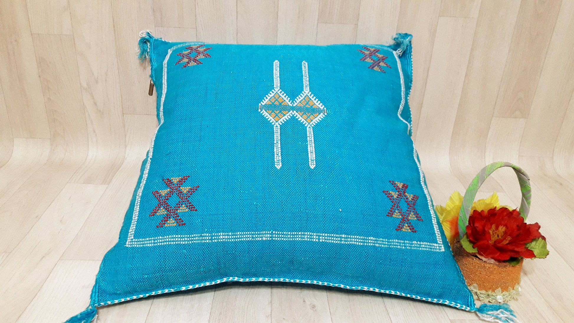 Cactus Silk Cushion Cover - Turquoise Sabra Pillow - Handmade Morocco Cushion