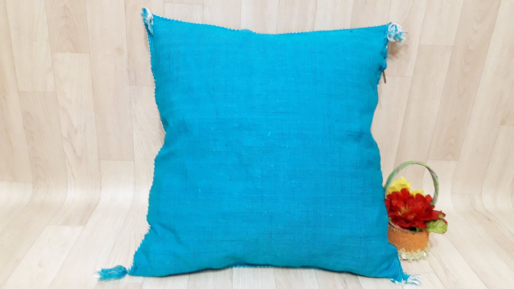 Cactus Silk Cushion Cover - Turquoise Sabra Pillow - Handmade Morocco Cushion