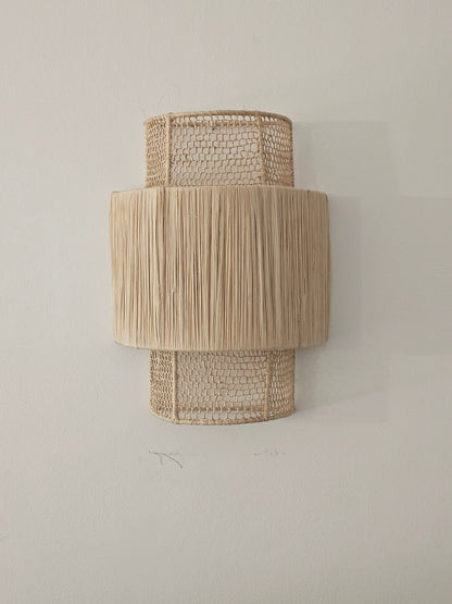 Boho Chic Raffia Wall Sconce from Morocco - Stylish Honeycomb Pattern