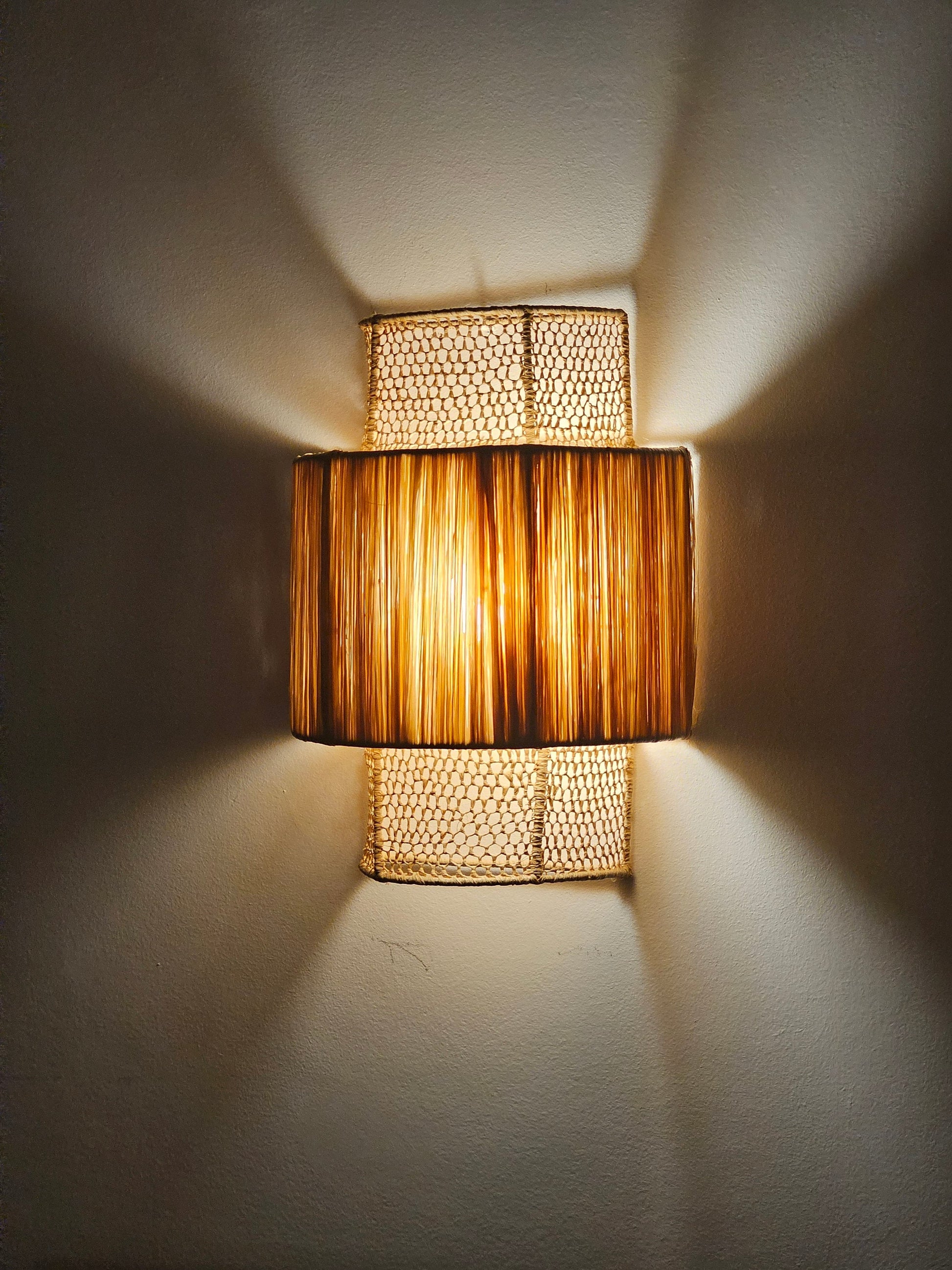 Boho Chic Raffia Wall Sconce from Morocco - Stylish Honeycomb Pattern