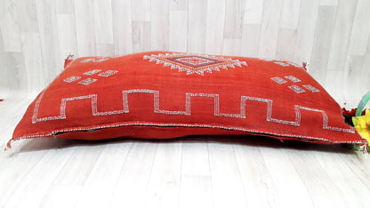 Lumbar Cactus Silk Pillow Cover -Red/Orange Sabra Pillow - Handmade Morocco Cushion-Pillow-Cushion-Decorative Pillow-Lumbar Pillow-