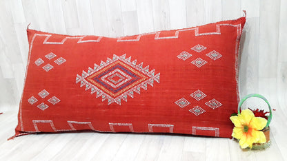 Lumbar Cactus Silk Pillow Cover -Red/Orange Sabra Pillow - Handmade Morocco Cushion-Pillow-Cushion-Decorative Pillow-Lumbar Pillow-