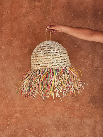 Straw Ball Pendant Light with Raffia Multicolor Fringes , Moroccan Straw Lampshade
