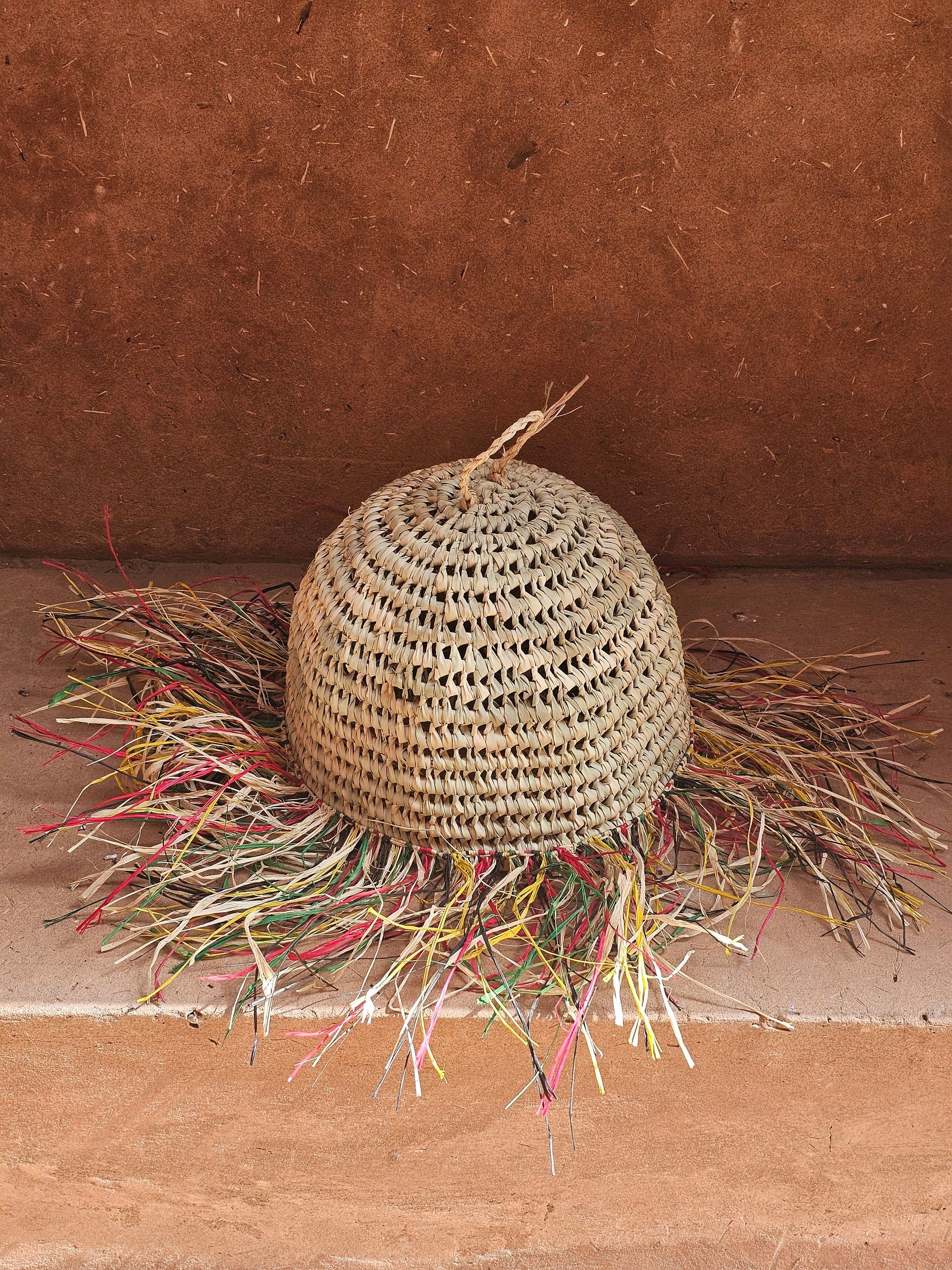 Straw Ball Pendant Light with Raffia Multicolor Fringes , Moroccan Straw Lampshade