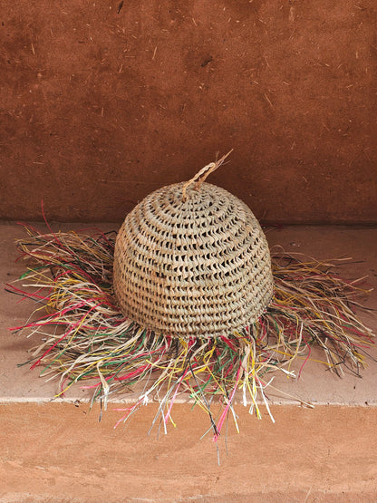 Straw Ball Pendant Light with Raffia Multicolor Fringes , Moroccan Straw Lampshade