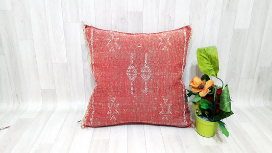 Orange Cactus Silk Pillow Cover, Moroccan Boho Throw Pillow , Hand Woven Berber Pillow, Sabra Cactus Silk Cushion,Home Decor