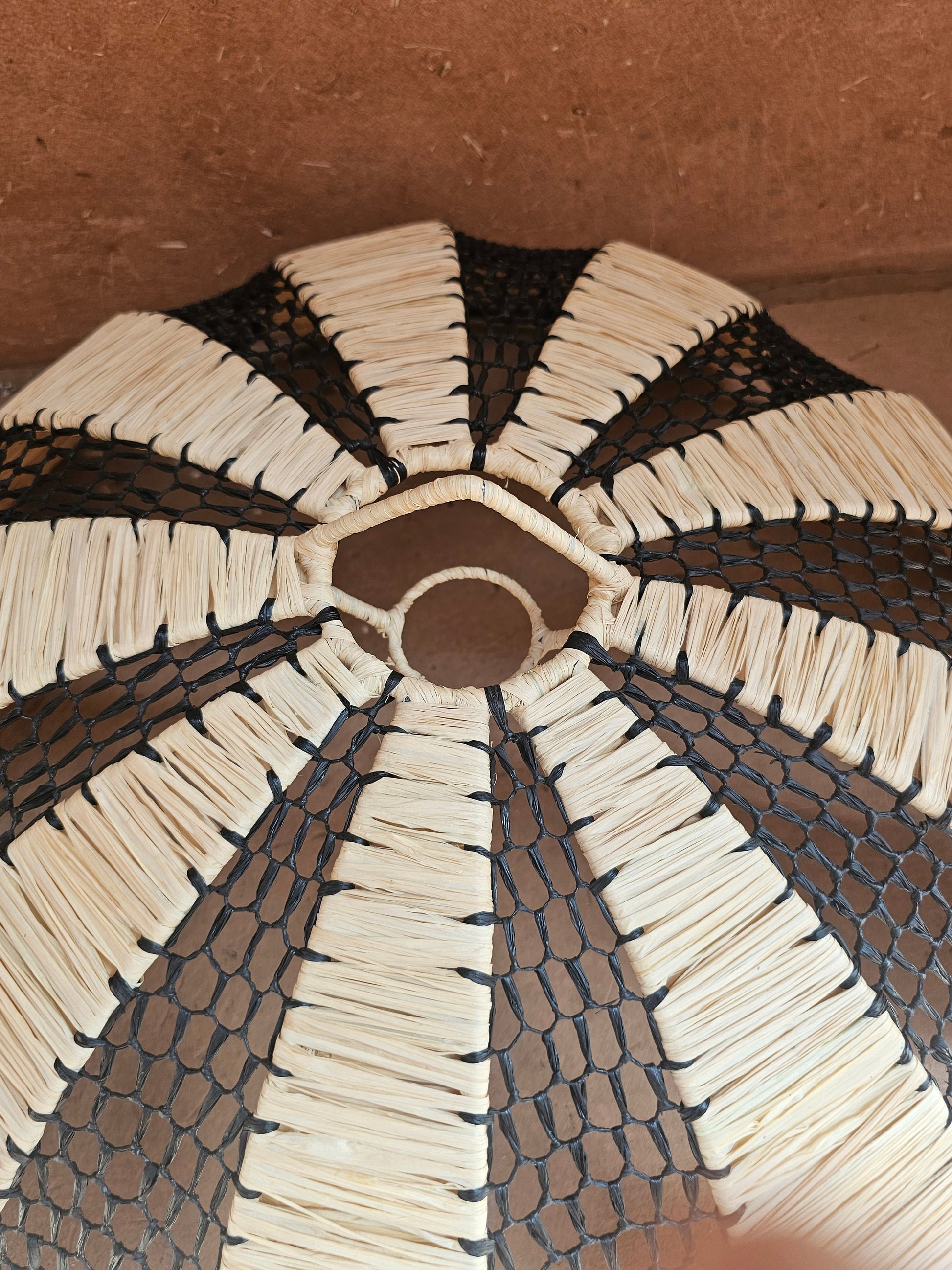 Raffia Pendant Light , Hanging Lamp Shade in Raffia Black and White