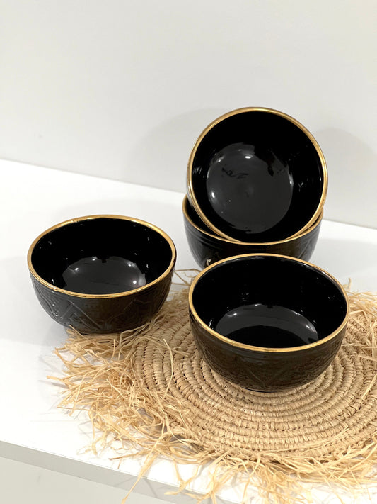 Set of 4 Handmade Ceramic Bowls with 14K Gold Edges - Moroccan Style Black Bowls.