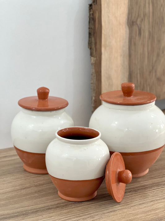Handcrafted Pottery Kitchen Canisters, Set of 3 Elegant Storage Jars with Unique Half-White and Half-Natural Finish.
