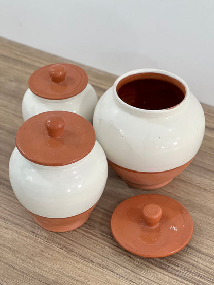 Handcrafted Pottery Kitchen Canisters, Set of 3 Elegant Storage Jars with Unique Half-White and Half-Natural Finish.