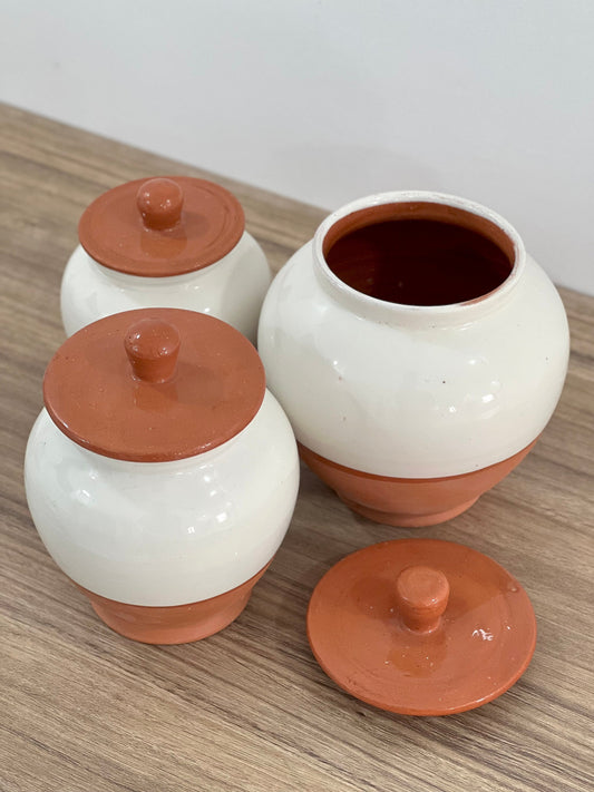 Handcrafted Pottery Kitchen Canisters, Set of 3 Elegant Storage Jars with Unique Half-White and Half-Natural Finish.