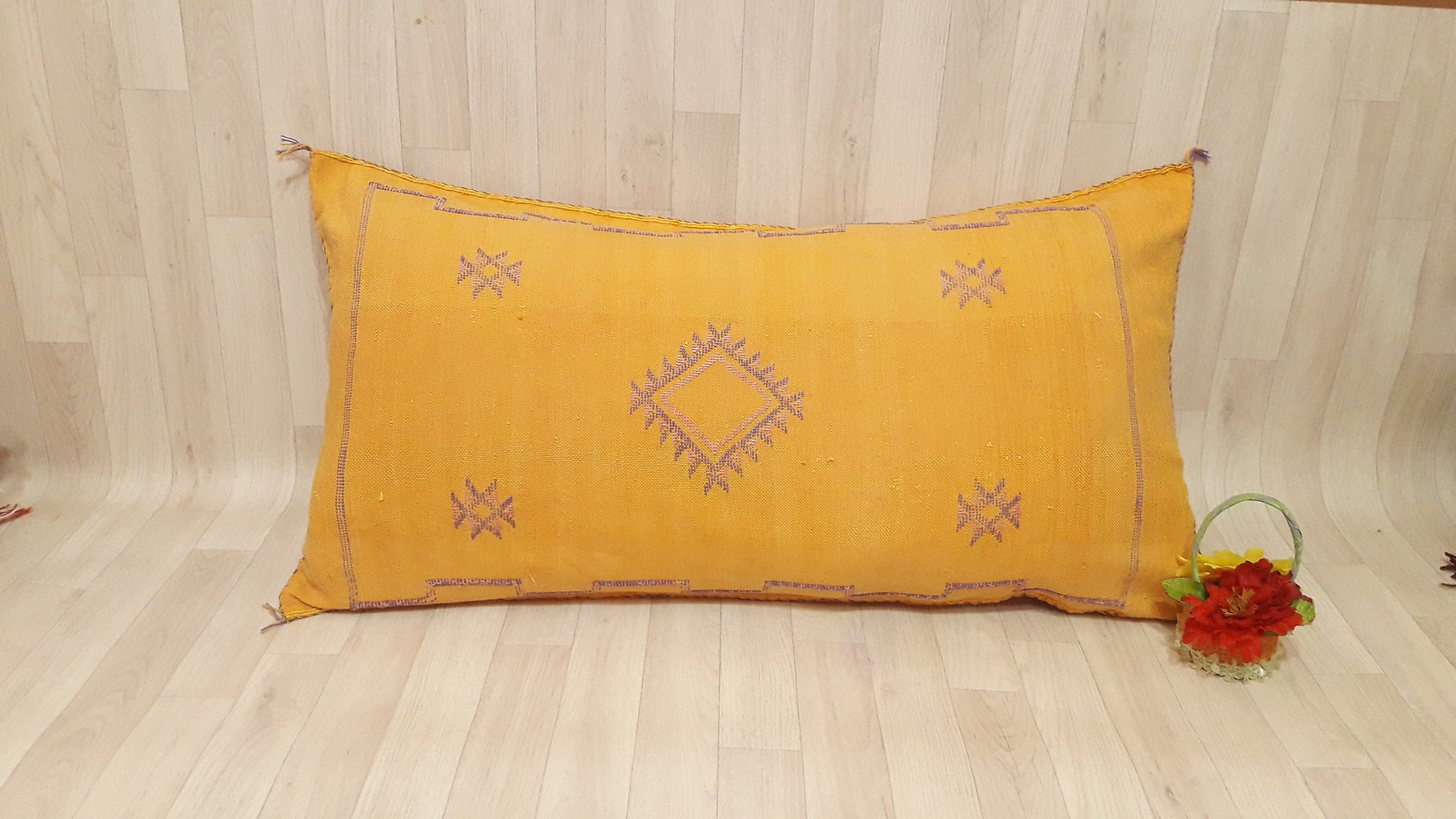 Cactus Silk Cushion Cover - Yellow Sabra Pillow - Handmade Morocco Cushion