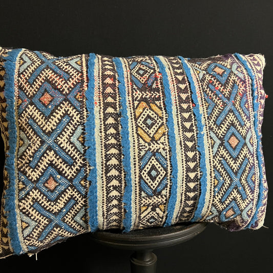 Antique Blue Cushions - Old Boujaad Cushions, Vintage Berber Pillows, Berber Poufs, Ottoman Poufs, Wool Pillows, and Bohemian Decoration.