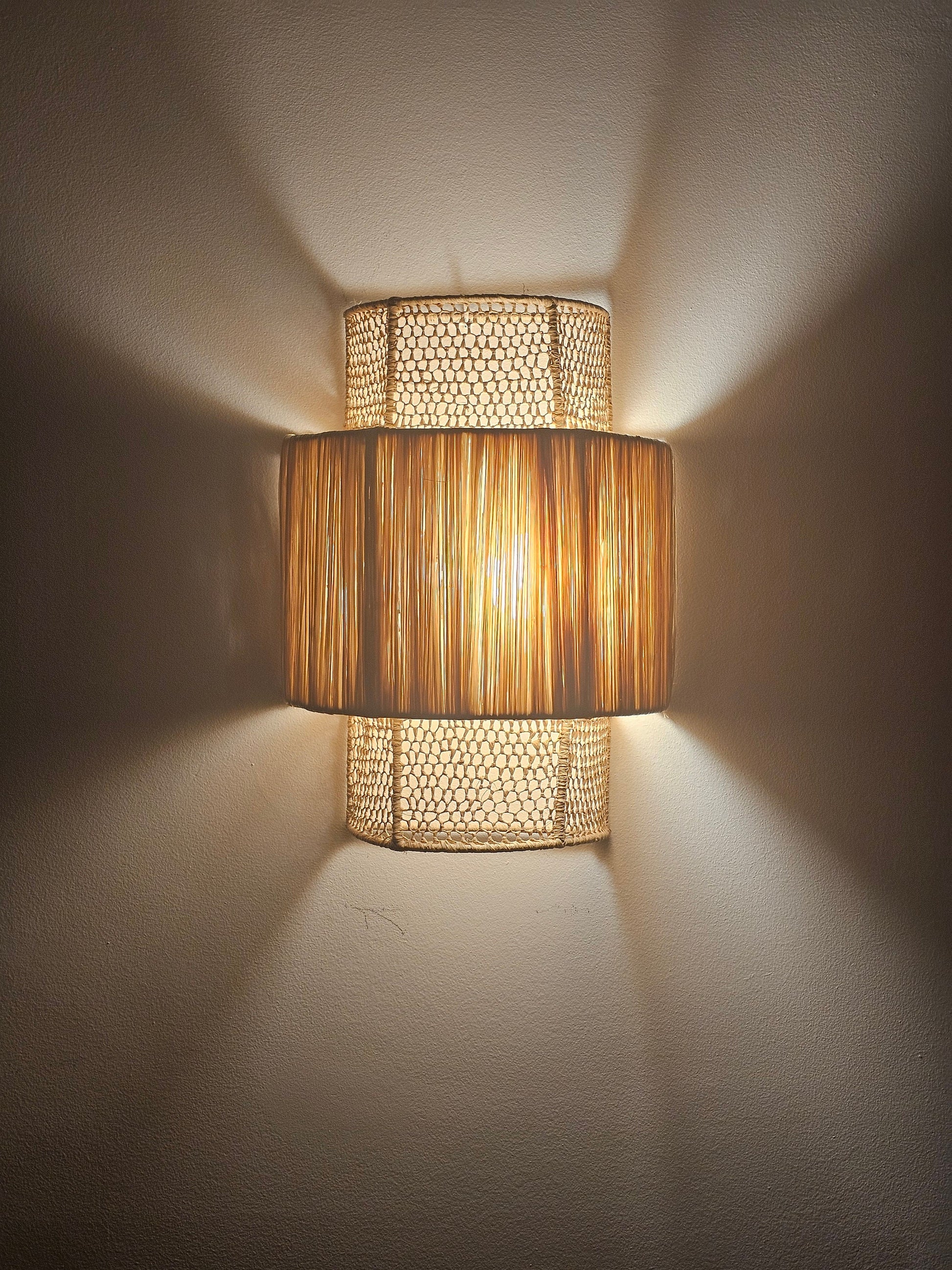 Boho Chic Raffia Wall Sconce from Morocco - Stylish Honeycomb Pattern