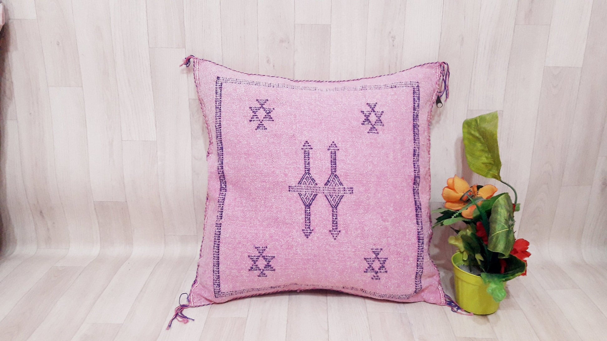 Pink Cactus Silk Pillow Cover, Moroccan Boho Throw Pillow , Hand Woven Berber Pillow, Sabra Cactus Silk Cushion,Home Decor