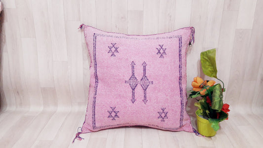 Pink Cactus Silk Pillow Cover, Moroccan Boho Throw Pillow , Hand Woven Berber Pillow, Sabra Cactus Silk Cushion,Home Decor