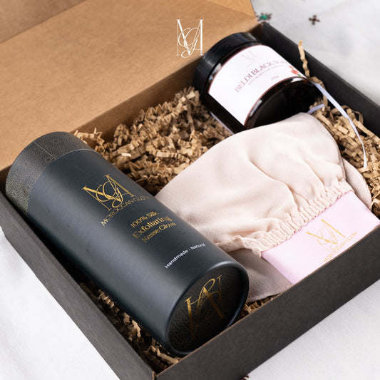 Hammam Kit - Moroccan BLACK SOAP with 100% Silk Exfoliating Kessa Glove - Natural Handmade Hammam Spa Skin Body Soap, Gift Set for Her