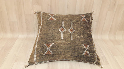 Brown Cactus Silk Pillow Cover, Moroccan Boho Throw Pillow , Morocco Handmade Pillow, Sabra Cactus Silk Cushion,Home Decor