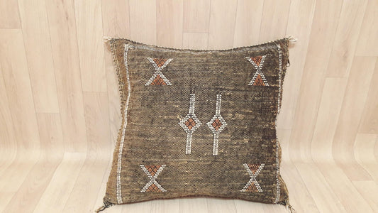 Brown Cactus Silk Pillow Cover, Moroccan Boho Throw Pillow , Morocco Handmade Pillow, Sabra Cactus Silk Cushion,Home Decor