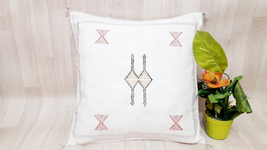 Cactus Silk Cushion Cover - White Sabra Pillow - Handmade Morocco Cushion