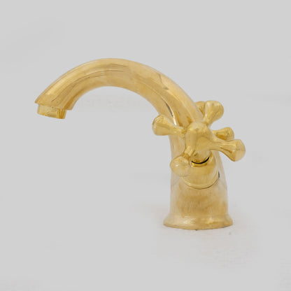 Single-Hole Unlacquered Brass Bathroom Sink Vanity Faucet with Double Simple Cross Handles