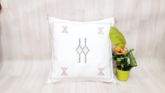 Cactus Silk Cushion Cover - White Sabra Pillow - Handmade Morocco Cushion