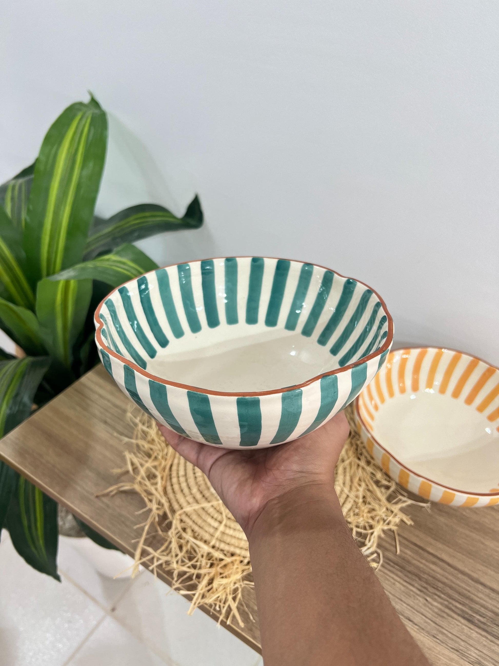 Two Handmade Salad Bowl | Wavy Sides Bowl | Ceramic Serving Bowl | Hand Painted Moroccan Artisanal Bowl | Kitchen Decor.