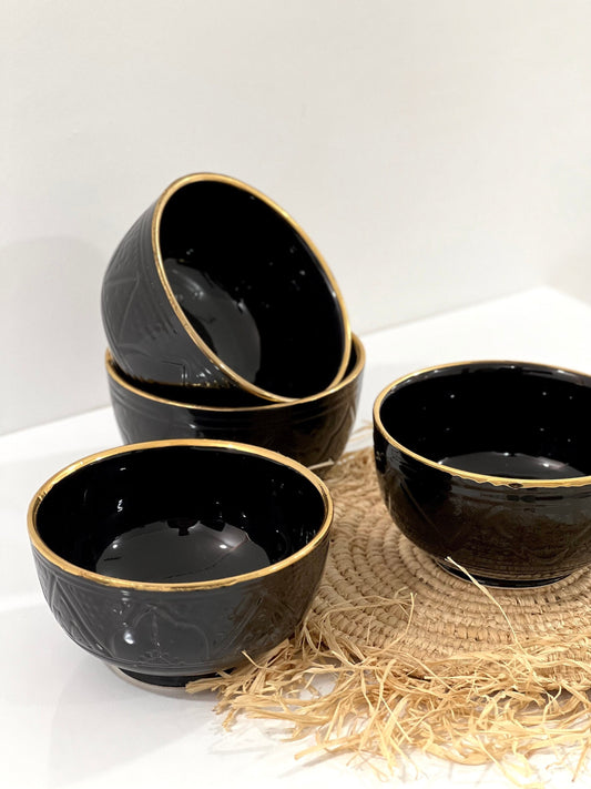 Set of 4 Handmade Ceramic Bowls with 14K Gold Edges - Moroccan Style Black Bowls.
