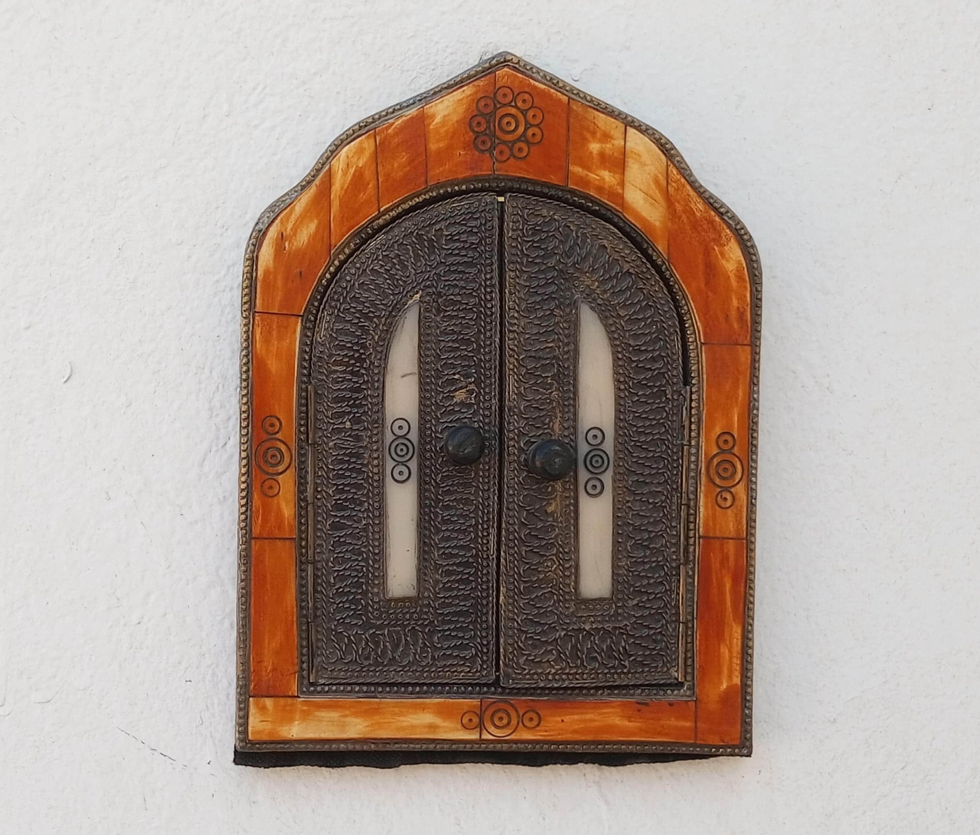Small Handmade Moroccan Bone Mirror with Small Decorative Doors - Warm-Toned Frame