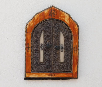 Small Handmade Moroccan Bone Mirror with Small Decorative Doors - Warm-Toned Frame