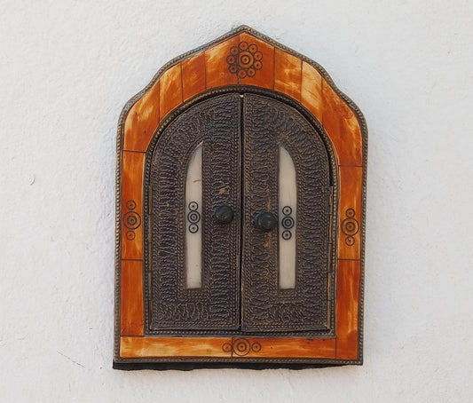 Small Handmade Moroccan Bone Mirror with Small Decorative Doors - Warm-Toned Frame